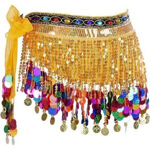 Yellow Sequin Belly Dance Hip Scarf with Colorful Coins and Beads Festival Rave